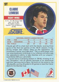 1990-91 Score Rookie and Traded #9T Claude Lemieux Back