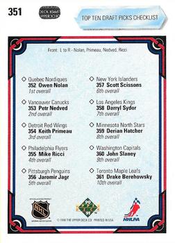 1990-91 Upper Deck #351 Top Ten Draft Picks Checklist (Owen Nolan / Keith Primeau / Petr Nedved / Mike Ricci) Back