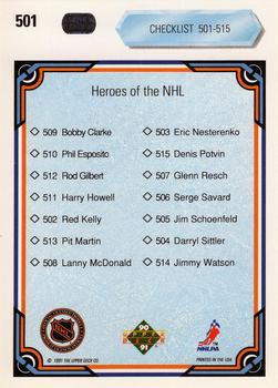 1990-91 Upper Deck #501 Heroes of the NHL Checklist Back