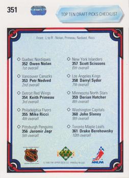 1990-91 Upper Deck #351 Top Ten Draft Picks Checklist (Owen Nolan / Keith Primeau / Petr Nedved / Mike Ricci) Back