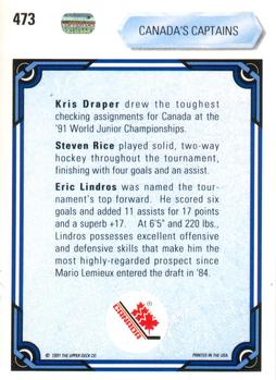 1990-91 Upper Deck #473 Canada's Captains (Kris Draper / Steven Rice / Eric Lindros) Back