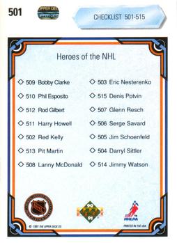 1990-91 Upper Deck #501 Heroes of the NHL Checklist Back