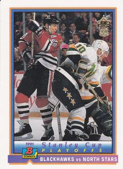 1991-92 Bowman #405 Blackhawks vs North Stars Front