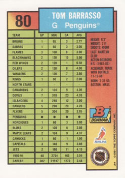 1991-92 Bowman #80 Tom Barrasso Back