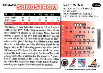 1997-98 Score New York Rangers #5 Niklas Sundstrom Back