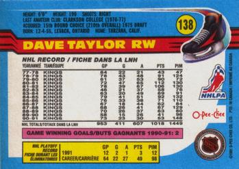 1991-92 O-Pee-Chee #138 Dave Taylor Back