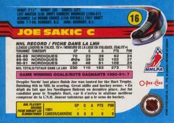1991-92 O-Pee-Chee #16 Joe Sakic Back