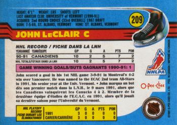 1991-92 O-Pee-Chee #209 John LeClair Back