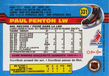 1991-92 O-Pee-Chee #331 Paul Fenton Back