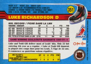 1991-92 O-Pee-Chee #351 Luke Richardson Back