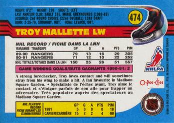 1991-92 O-Pee-Chee #474 Troy Mallette Back