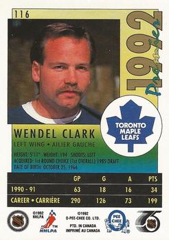 1991-92 O-Pee-Chee Premier #116 Wendel Clark Back