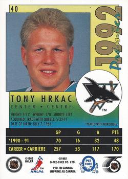 1991-92 O-Pee-Chee Premier #40 Tony Hrkac Back