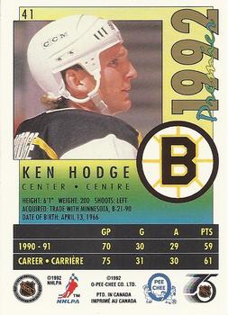 1991-92 O-Pee-Chee Premier #41 Ken Hodge Back