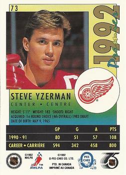 1991-92 O-Pee-Chee Premier #73 Steve Yzerman Back