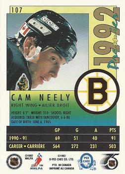 1991-92 O-Pee-Chee Premier #107 Cam Neely Back