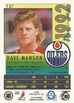 1991-92 O-Pee-Chee Premier #137 Dave Manson Back