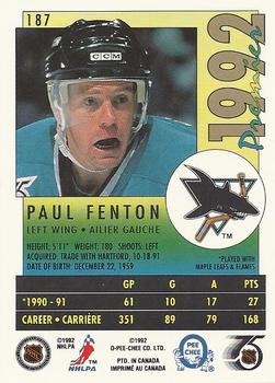 1991-92 O-Pee-Chee Premier #187 Paul Fenton Back