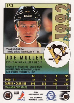 1991-92 O-Pee-Chee Premier #153 Joe Mullen Back