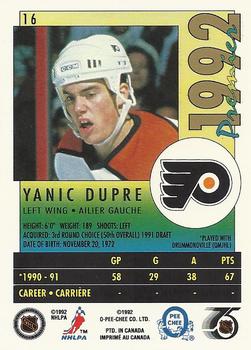 1991-92 O-Pee-Chee Premier #16 Yanick Dupre Back
