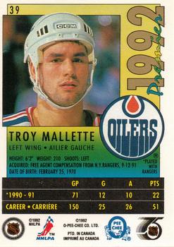 1991-92 O-Pee-Chee Premier #39 Troy Mallette Back