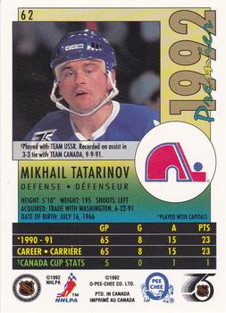 1991-92 O-Pee-Chee Premier #62 Mikhail Tatarinov Back