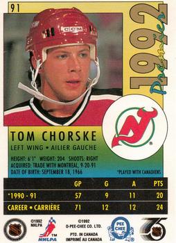 1991-92 O-Pee-Chee Premier #91 Tom Chorske Back