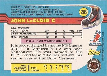 1991-92 Topps #209 John LeClair Back