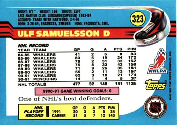 1991-92 Topps #323 Ulf Samuelsson Back