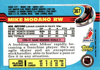 1991-92 Topps #367 Mike Modano Back