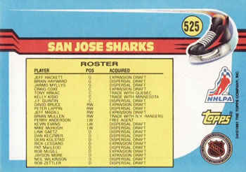 1991-92 Topps #525 San Jose Sharks Back