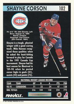 1991-92 Pinnacle #102 Shayne Corson Back