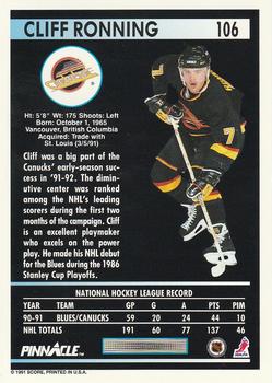 1991-92 Pinnacle #106 Cliff Ronning Back