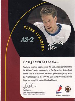 1998-99 Be a Player - All-Star Game Used Jerseys #AS-2 Peter Forsberg Back