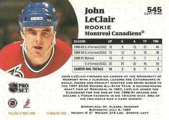 1991-92 Pro Set #545 John LeClair Back