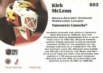 1991-92 Pro Set #603 Kirk McLean Back