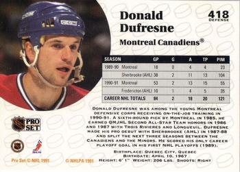 1991-92 Pro Set #418 Donald Dufresne Back