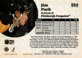 1991-92 Pro Set #554 Jim Paek Back