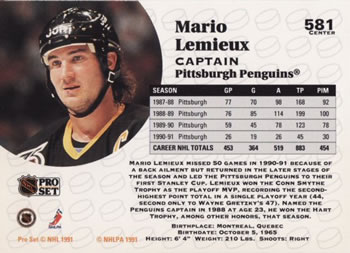 1991-92 Pro Set #581 Mario Lemieux Back