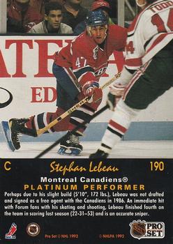 1991-92 Pro Set Platinum #190 Stephan Lebeau Back