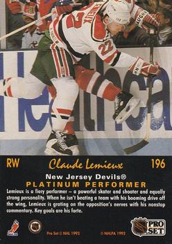 1991-92 Pro Set Platinum #196 Claude Lemieux Back