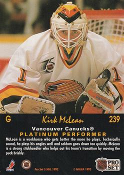 1991-92 Pro Set Platinum #239 Kirk McLean Back