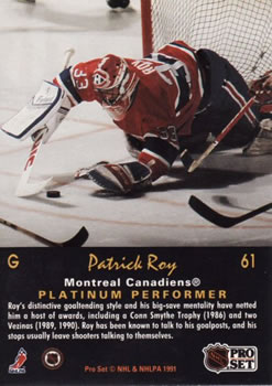1991-92 Pro Set Platinum #61 Patrick Roy Back