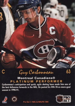 1991-92 Pro Set Platinum #63 Guy Carbonneau Back