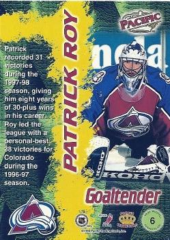 1998-99 Pacific - Dynagon Ice #6 Patrick Roy Back