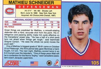 1991-92 Score American #105 Mathieu Schneider Back