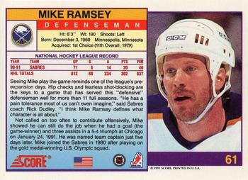 1991-92 Score American #61 Mike Ramsey Back
