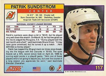1991-92 Score American #117 Patrik Sundstrom Back