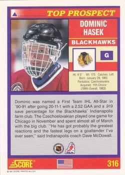 1991-92 Score American #316 Dominik Hasek Back