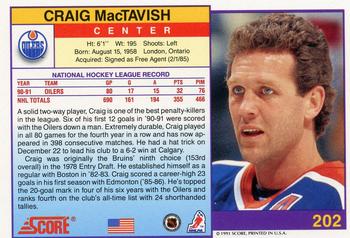 1991-92 Score American #202 Craig MacTavish Back